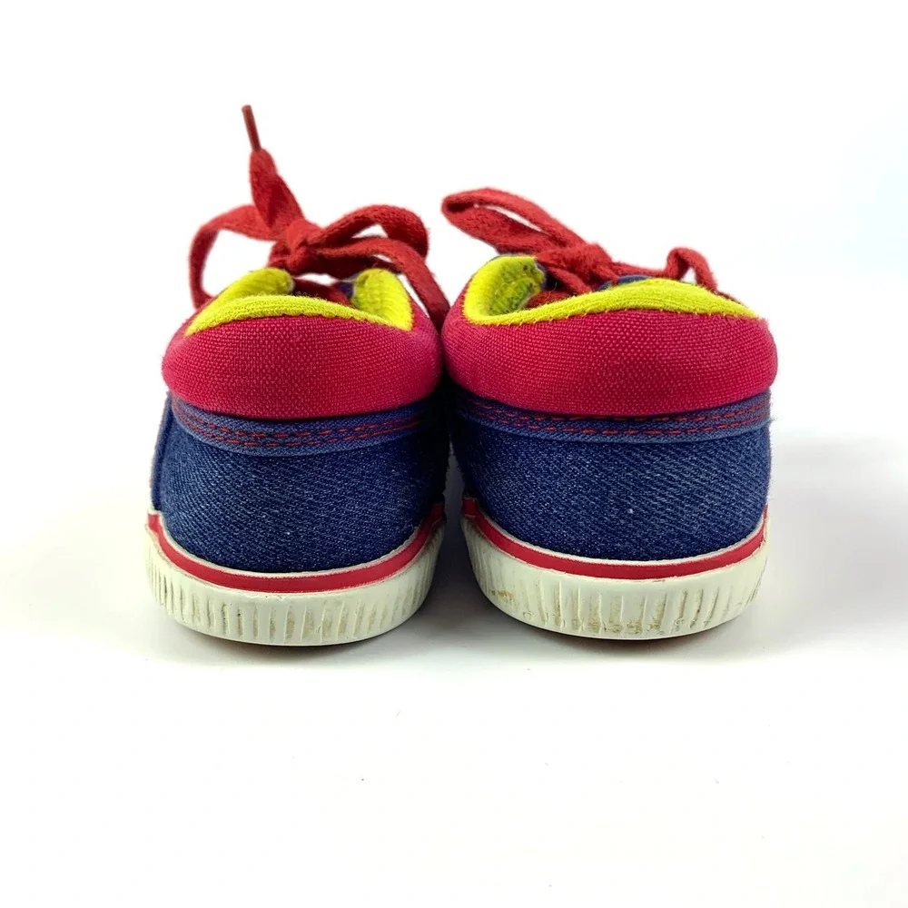 VTG Circo Denim Shoes‎ Toddler 7.5 Embroidered Trains Primary Colors Blue Red